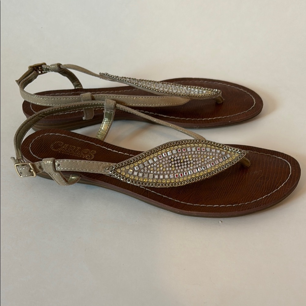 FINAL! Carlos by Carlos Santana Gold and Brown Sandals T-Strap Design - Picture 3 of 6